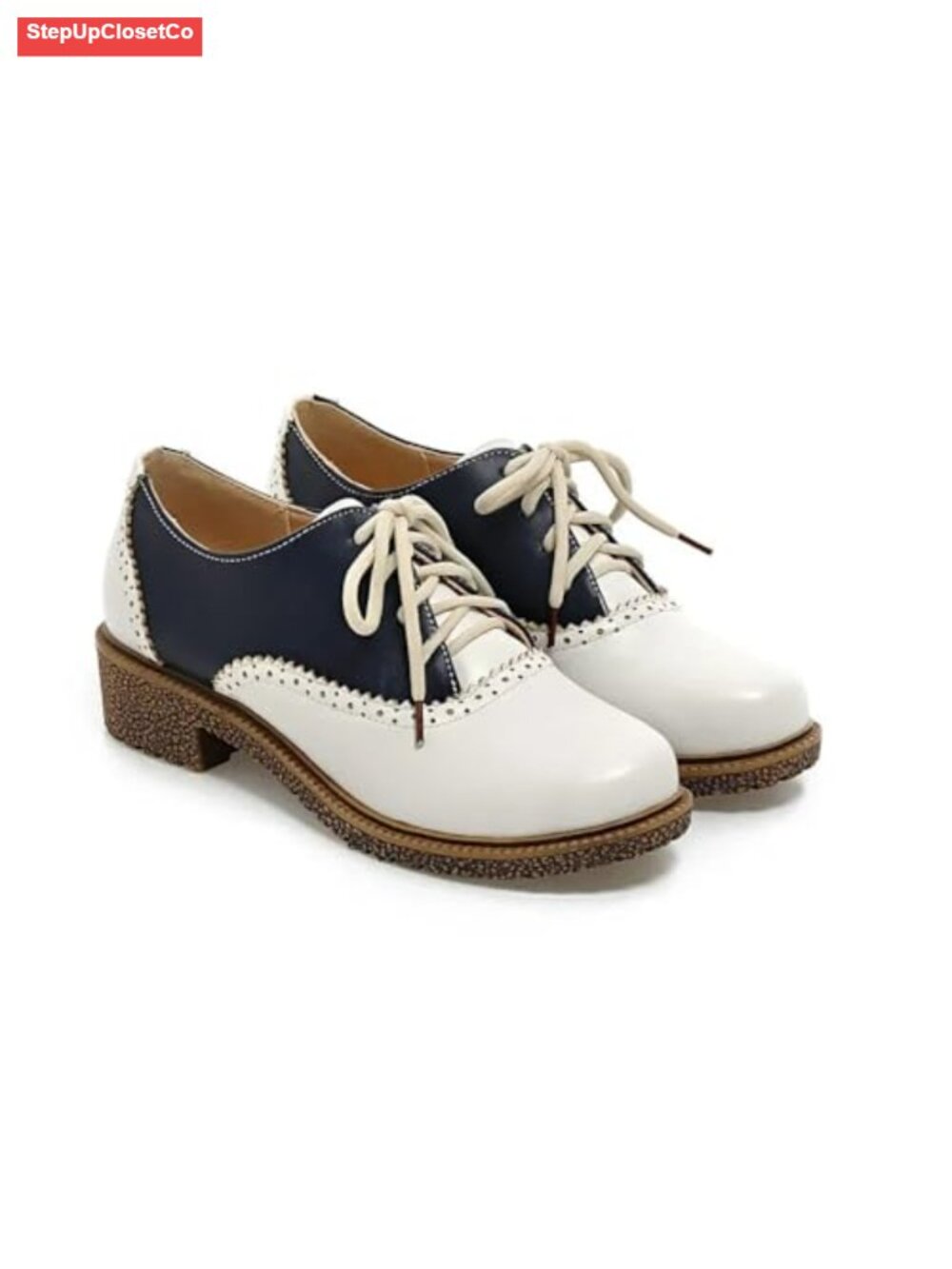 Microfiber Leather Saddle Oxford Wingtip Brogue Lace-Up Block Heel Dress Shoes
